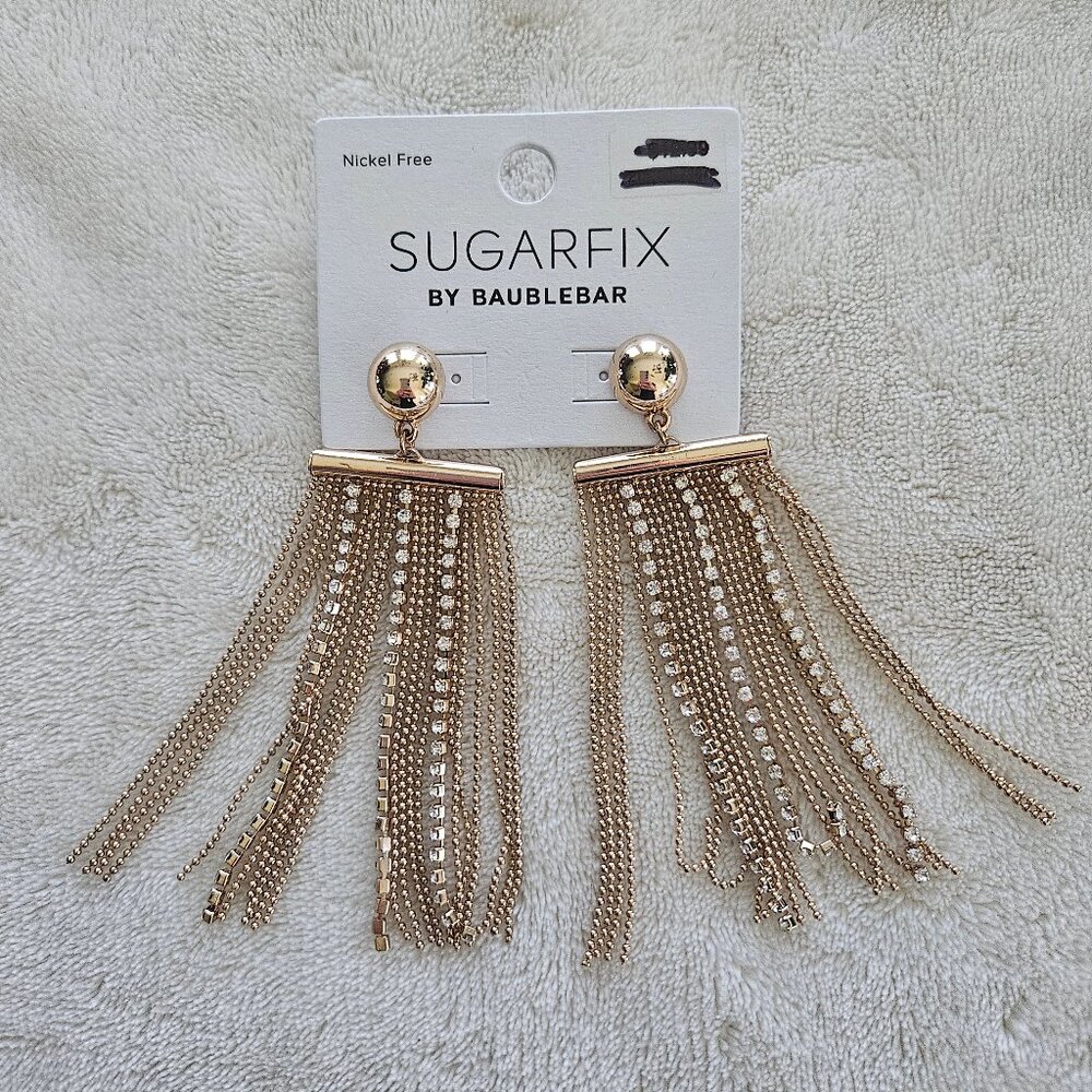 Dangle Earrings Gold/Rhinestone 3.5" long fringe NEW